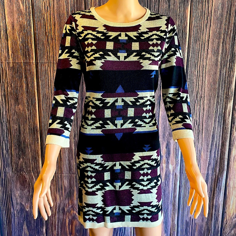 Skies are Blue sz small tribal print inspired bodycon sweater dress black
